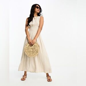 River Island Linen Shirred Waist Button Back Midi Dress In Cream